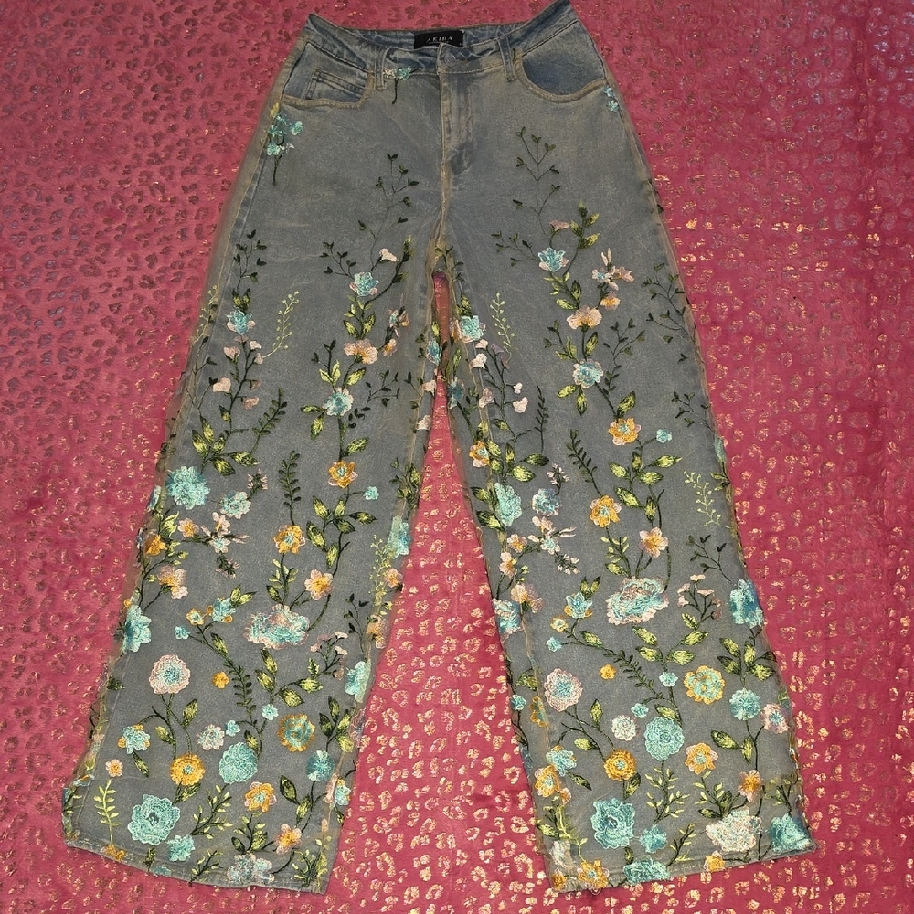Floral Embroidered Overlaid Wide-Leg Jeans